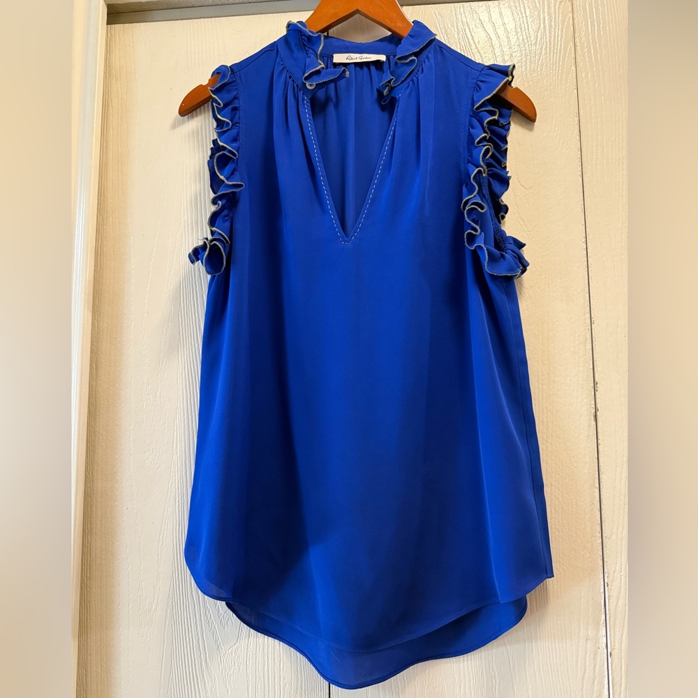 Robert Graham Royal Blue Romy Silk Ruffle Sleeveless Size Medium Blouse
